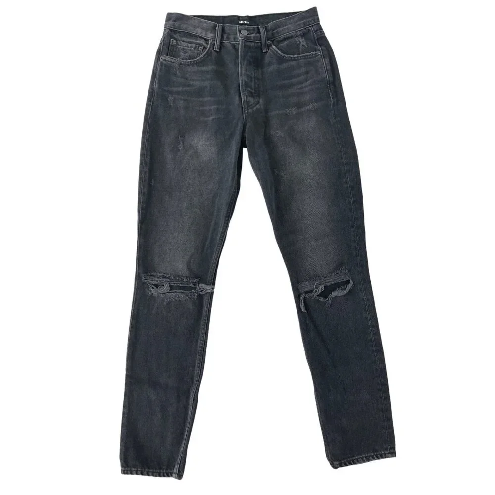 GRLFRND Karolina Black High Rise‎ Straight Ripped Jeans Wild Thing 25 $195